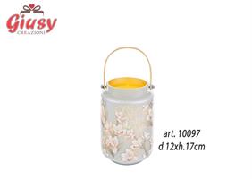 Lanterna In Vetro Con Decoro Fiori d.12xH.17 Cm 1*12