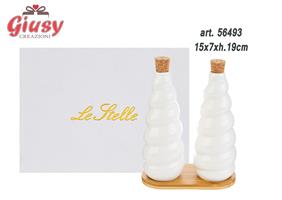 Set Olio E Aceto In Porcellana Con Base In Legno 15x7xH.19 Cm Completo Di Scatola 1*16