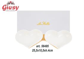 Set Ciotole A Cuore In Porcellana Con Base In Legno 25,5x10,5xH.4 Cm Completo Di Scatola 1*24