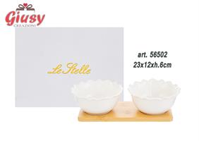 Set 2 Ciotoline In Porcellana Con Base In Legno 23x12xH.6 Cm Completo Di Scatola 1*18