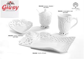 Piattino A Cuore In Ceramica Con Rosa Color Bianco 14,8 Cm Completa Di Scatola 2*24