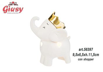 Elefantino In Porcellana Con Led 9,5x6,5xh.11,5 Cm Completo Di Shopper 4*48
