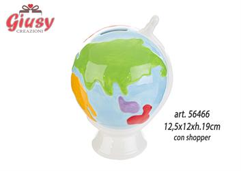 Salvadanaio A Mappamondo In Ceramica 12,5x12xH.19 Cm Completo Di Shopper 1*12