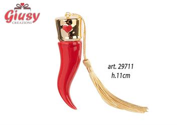 Cornetto In Ceramica Color Rosso Con Dettaglio E Nappina Oro H.11 Cm Completo Di Scatola 1*96