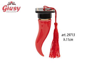 Cornetto In Ceramica Color Rosso Con Tocco Nero E Nappina Rossa H.11 Cm Completo Di Scatola 1*96