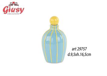 Oliera In Porcellana Color Celeste Con Tappo E Righe Color Giallo d.9,5xH.16,5 Cm Completa Di Scatola 1*72