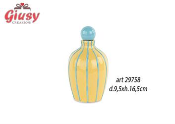 Oliera In Porcellana Color Giallo Con Tappo E Righe Color Celeste d.9,5xH.16,5 Cm Completa Di Scatola 1*72