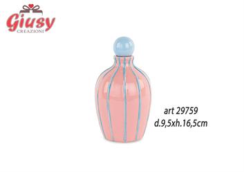 Oliera In Porcellana Color Rosa Con Tappo E Righe Color Azzurro Polvere d.9,5xH.16,5 Cm Completa Di Scatola 1*72