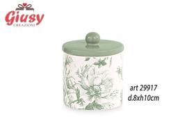Barattolo In Porcellana Decoro Toile De Jouy Color Eucalipto d.8xH.10 Cm Completo Di Scatola 6*48