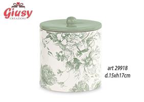 Barattolo In Porcellana Decoro Toile De Jouy Color Eucalipto d.15xH.17 Cm Completo Di Scatola 1*12