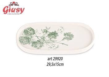 Piatto Ovale In Porcellana Decoro Toile De Jouy Color Eucalipto 29,5x15 Cm Completo Di Scatola 1*16
