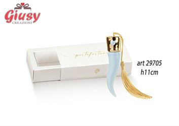 Cornetto In Ceramica Color Celeste Con Dettaglio E Nappina Oro H.11 Cm Completo Di Scatola 1*96