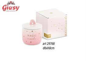 Candela Profumata In Barattolo Di Ceramica Decoro Arcobaleno Color Rosa d.6xH.8 Cm Completo Di Scatola 1*96