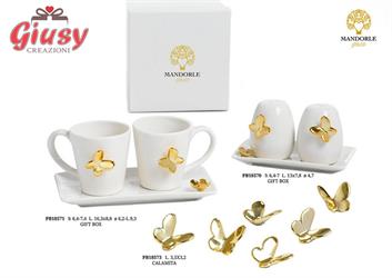 Set Tete-A-Tete In Porcellana Bianca Con Farfalla Oro H.7,4 Cm Completo Di Scatola 1*24