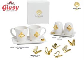 Set Tete-A-Tete In Porcellana Bianca Con Farfalla Oro H.7,4 Cm Completo Di Scatola 1*24