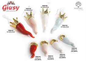 Appendino Cornetto Portafortuna In Porcellana Color Celeste Con Corona Oro H.11,8 Cm 6*96