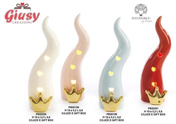 Cornetto Portafortuna In Porcellana Color Bianco Con Corona Oro E Luce Led H.19 Cm Completo Di Scatola 1*36