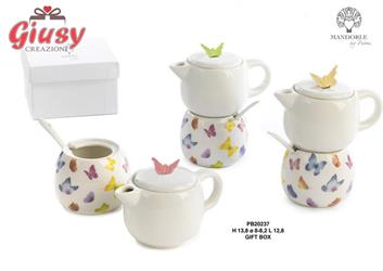 Set Caffettiera- Zuccheriera In Porcellana Decoro Farfalle 3 Soggetti Assortiti H.13,8 Cm Completo Di Scatola 3*24