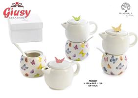 Set Caffettiera- Zuccheriera In Porcellana Decoro Farfalle 3 Soggetti Assortiti H.13,8 Cm Completo Di Scatola 3*24