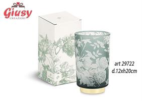 Lampada In Vetro Decoro Toile De Jouy Color Eucalipto d.12xH.20 Cm Completo Di Scatola 3*12