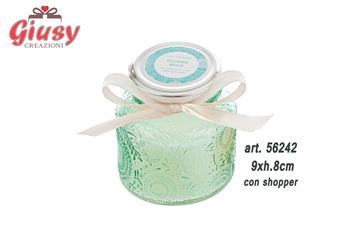Candela Profumata Con Barattolo In Vetro Color Verde Chiaro Diametro 9xH.8 Cm Completa Di Shopper 3*24