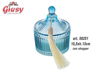 Candela Profumata Con Barattolo In Vetro Color Blu E Nappina 10,5xH.13 Cm Completa Di Shopper 3*24