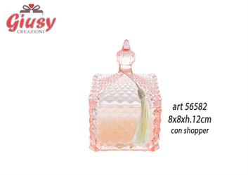Candela Profumata Con Barattolo In Vetro Color Rosa E Nappina 8x8xH.12 Cm Completa Di Shopper 3*18