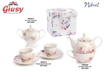 Set Teiera Con Tazza In Porcellana Decoro Floreale Con Colori Pastello H.13,6 Cm Completo Di Scatola 2*12