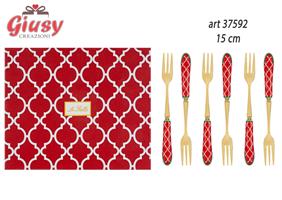Set 6 Forchettine Con Decoro Rosso 15 Cm Completo Di Scatola 1*24