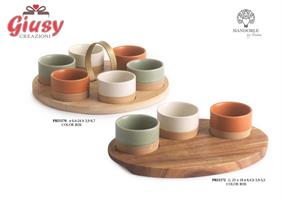 Set Antipastiera 3 Ciotole In Porcellana Su Vassoio In Legno 25 Cm Completo Di Scatola 1*12