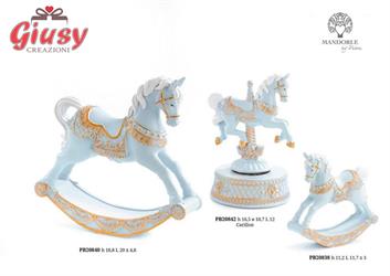 Carillon Con Cavallo Da Giostra In Resina Color Celeste Con Dettagli Oro H.16,5 Cm 2*12