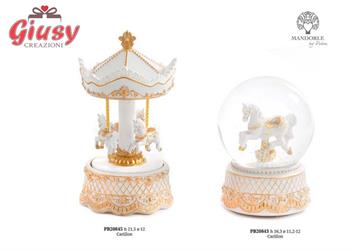 Carillon Globo In Vetro Con Cavallo In Resina Color Bianco Con Dettagli Oro H.16,3 Cm 2*12