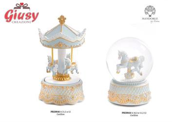 Carillon Globo In Vetro Con Cavallo In Resina Color Celeste Con Dettagli Oro H.16,3 Cm 2*12