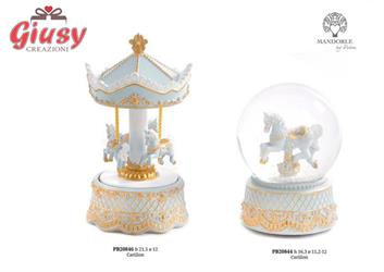 Carillon Giostrina Con Cavalli In Resina Color Celeste Con Dettagli Oro H.21,5 Cm 2*8