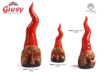 Cornetto Porta Fortuna Con Maschera Di Pulcinella In Porcellana Color Rosso H.15,2 Cm Con Luce Led 2*96