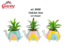 Tartaruga Portapiantina In Ceramica Con Piantina Artificiale 3 Soggetti Assortiti 13x8,5xH.14 Cm 3*24