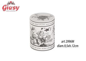 Barattolo In Porcellana Con Candela-Cera 400 Grammi Decoro Fiori Nero 9,5xh.12 Cm Completo Di Scatola 1*12