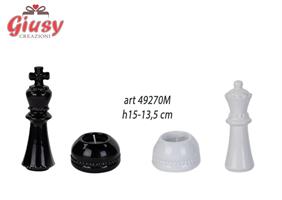 Set Re E Regina Scacchi In Porcellana Decoro Bianco E Nero H.13,5-15 Cm Con Candela Cera 20 Gr.Cadauno Completo Di Scatola 1*36
