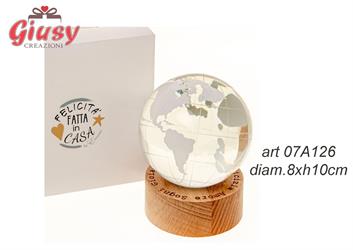 Globo Mappamondo In Vetro Su Base In Legno Diametro 8xH.10 Cm Con Luce Led Senza Pile Completo Di Scatola 1*18