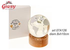 Globo Mappamondo In Vetro Su Base In Legno Diametro 8xH.10 Cm Con Luce Led Senza Pile Completo Di Scatola 1*18