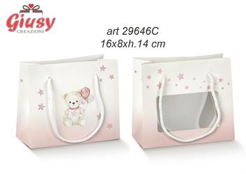 Shopper Con Cordini E Finestra Plastificata Linea Orsetta Con Palloncini Color Rosa 16x8xH.14 Cm 10*200