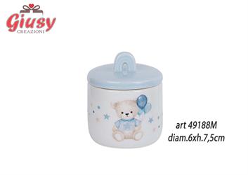 Barattolo In Porcellana Con Candela Decoro Orsetto Azzurro Con Palloncini D.6xH.7,5 Cm Completo Di Scatola 1*72