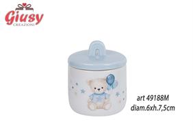 Barattolo In Porcellana Con Candela Decoro Orsetto Azzurro Con Palloncini D.6xH.7,5 Cm Completo Di Scatola 1*72