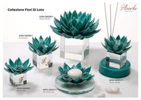 Fiore Di Loto Verde In Ceramica Di Capodimonte Su Cubo In Vetro Piccolo 8xH.7 Cm Con Scatola Borsetta