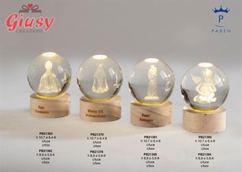 Globo In Cristallo Su Base In Legno Decoro Angelo H.8,8 Cm Con Luce Led Completo Di Scatola 2*12