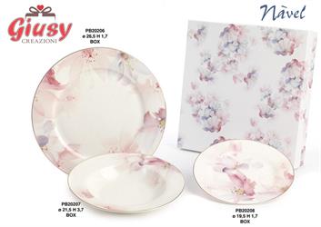 Set 6 Piatti Da Dessert In Porcellana Navel Con Fiori Color Pastello Diametro 19,5 Cm Completo Di Scatola 2*4