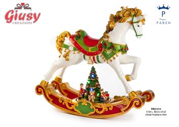 Cavallo A Dondolo Natalizio In Resina Con Luce Led, Musica E Movimento H.54 Cm