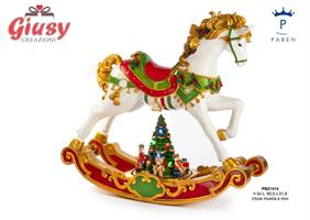 Cavallo A Dondolo Natalizio In Resina Con Luce Led, Musica E Movimento H.54 Cm