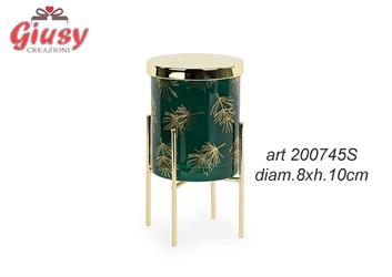 Candela In Barattolo In Vetro Verde Con Foglie Oro Con Alzata In Metallo Oro 8xH.10 Cm Completo Di Scatolo 1*24