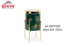 Candela In Barattolo In Vetro Verde Con Foglie Oro Con Alzata In Metallo Oro 8xH.10 Cm Completo Di Scatolo 1*24
